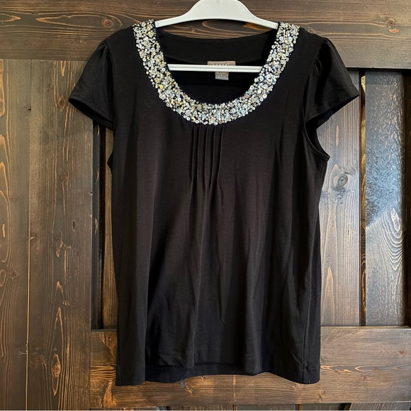 Kenar Tops - Kenar Black Short Sleeve Top with Beaded Sequin Neckline Large